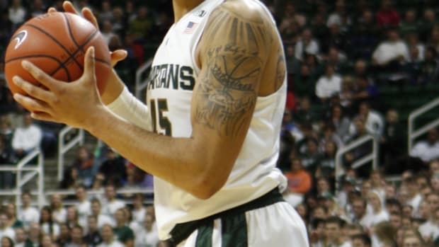 Denzel Valentine vs Ferris 2015.  Photo courtesy of Mark Boomgaard.